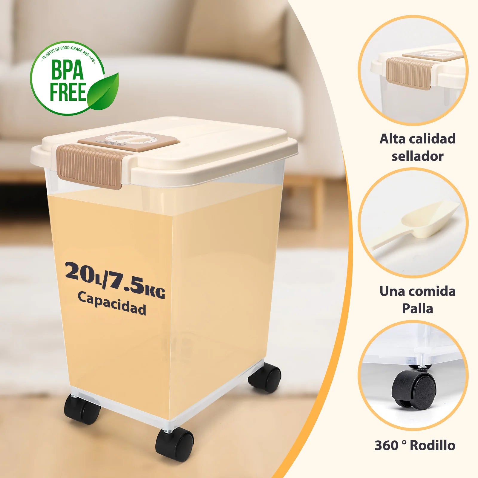 Nobleza Contenedor de Pienso para Mascotas 20L/40L, con Ruedas, Tapa Abatible, Cuchara y Marcador de Fecha, Caja Hermética Transparente para Perros y Gatos
